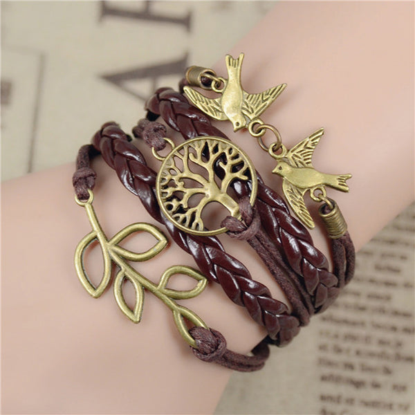 Bracelet infinity birds brown and gold