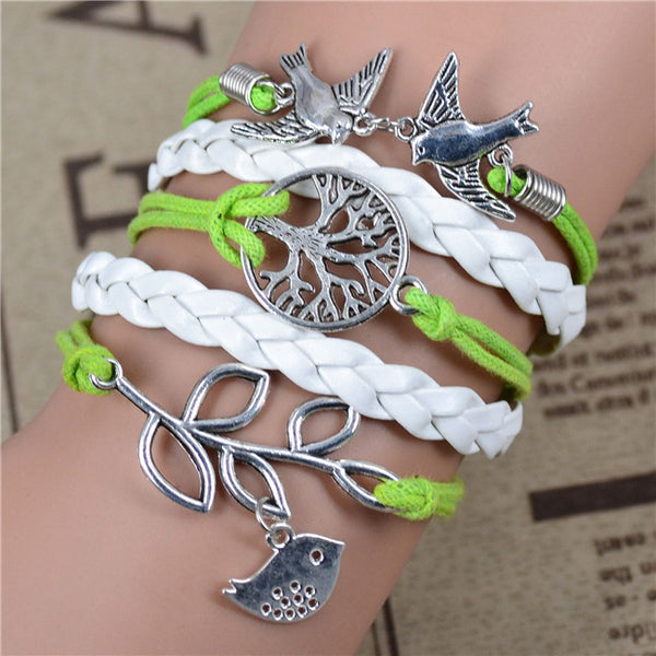 Bracelet birds light green white and silver