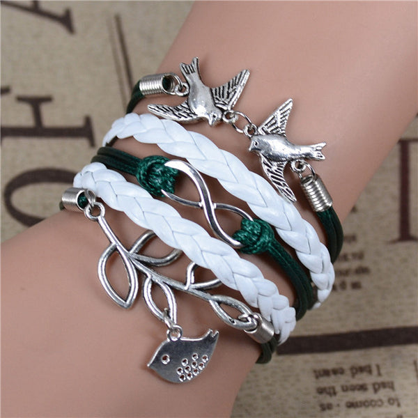 Bracelet infinity birds green white and silver