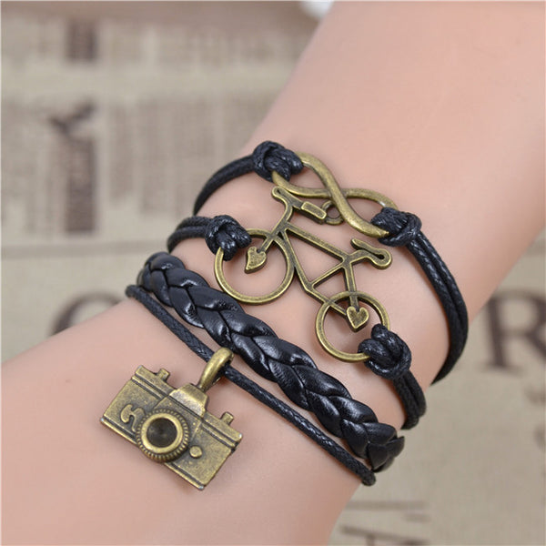 Bracelet infinity bike and camera black and gold