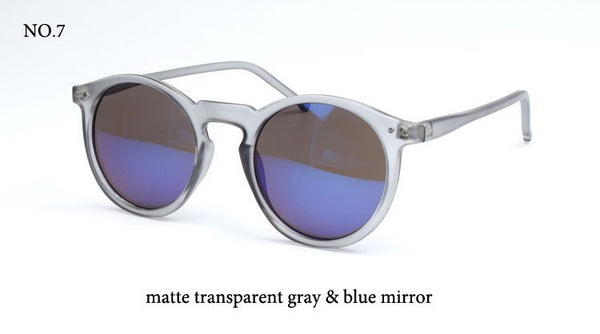 Round multicolor sunglasses matte transparent gray and blue