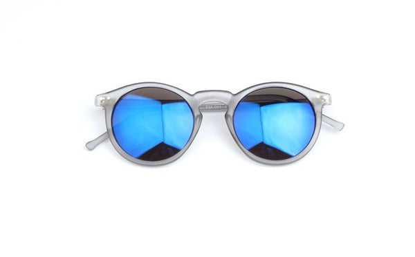 Round multicolor sunglasses matte transparent gray and blue